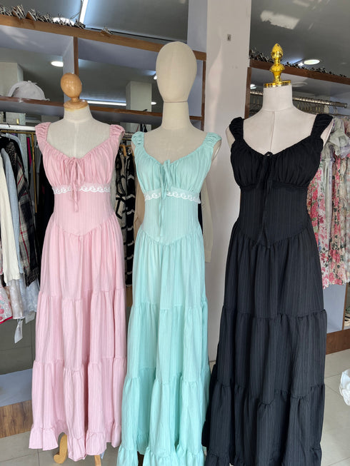 Spring Ruched Tie Neckline Sleeveless Long Sundresses